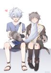  2boys :d animal_ears antenna_hair arm_belt black_gloves black_hoodie black_shoes black_shorts black_socks blue_eyes blue_shirt caelus_(honkai:_star_rail) closed_eyes commentary_request dog_boy dog_ears dog_tail fingerless_gloves gloves grey_hair hadanugi_dousa heart honkai:_star_rail honkai_(series) hood hood_down hoodie kneehighs male_focus multiple_boys official_alternate_costume parted_bangs phainon_(a_dream_scented_in_wheat)_(honkai:_star_rail) phainon_(honkai:_star_rail) raccoon_boy raccoon_ears raccoon_tail shirt shoes short_hair shorts simple_background single_glove sitting smile socks tail tail_stimulation tail_wagging trailblazer_(honkai:_star_rail) twitter_username white_background white_hair white_shirt xwd4rk yaoi 
