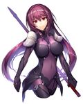  bodysuit breasts covered_navel cowboy_shot fate/grand_order fate_(series) gae_bolg hair_between_eyes large_breasts long_hair looking_at_viewer nitaka_(fujikichi) pauldrons polearm purple_bodysuit purple_hair red_eyes scathach_(fate)_(all) scathach_(fate/grand_order) smile solo spear very_long_hair weapon 