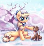  2016 absurd_res ambiguous_gender applejack_(mlp) blonde_hair canine collar dog duo earth_pony equine eyes_closed female feral friendship_is_magic green_eyes hair hi_res hooves horse inowiseei long_hair mammal my_little_pony outside pony scarf smile snow tree underhoof winona_(mlp) 