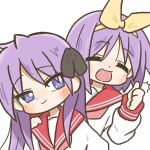  2girls birthday black_bow blue_eyes blush bow closed_eyes hand_on_another&#039;s_shoulder highres hiiragi_kagami hiiragi_tsukasa looking_at_another lucky_star multiple_girls neckerchief pink_neckerchief purple_hair ribbon ryouou_school_uniform ryuinosu school_uniform siblings sisters smile tareme thumbs_up tsurime twins twintails white_background yellow_ribbon 