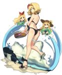  1girl alice_margatroid alternate_costume ass bag bikini black_bikini blonde_hair blue_eyes boa_(brianoa) breasts brown_hat commentary commentary_request faux_figurine flower full_body hairband hat hat_flower holding holding_bag innertube looking_at_viewer looking_back medium_breasts red_hairband sandals shanghai_doll short_hair side-tie_bikini_bottom solo standing standing_on_one_leg swim_ring swimsuit thigh_strap touhou water waves yellow_flower 