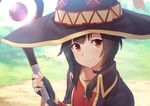  bangs brown_hair choker closed_mouth coat collarbone dacchi dress fingerless_gloves gloves hat highres holding holding_staff kono_subarashii_sekai_ni_shukufuku_wo! long_sleeves looking_at_viewer megumin red_eyes short_hair smile solo staff upper_body witch_hat 