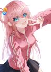  1girl :d absurdres black_skirt blue_eyes bocchi_the_rock! cube_hair_ornament cyan_paint gotoh_hitori hair_between_eyes hair_ornament highres jacket long_hair long_sleeves looking_at_viewer open_mouth pink_hair pink_jacket skirt smile solo sweatdrop track_jacket w white_background 