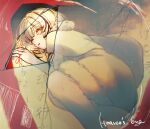  1girl blonde_hair broken_glass cape closed_eyes crying feet_out_of_frame fur-trimmed_cape fur_trim glass heaven&#039;s_bug_(vocaloid) highres in_container iyowa_girls lying on_side parted_lips short_hair sleeping solo song_name sparkle string string_around_finger string_of_fate tasogare_(tsgr) yellow_cape 