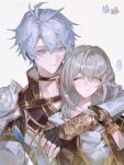  1boy 1girl ;) ahoge armor black_gloves blue_eyes coat commentary couple dog dsm_(fandingyao) fingerless_gloves gloves grey_hair heart hetero honkai:_star_rail honkai_(series) medium_hair one_eye_closed pauldrons phainon_(honkai:_star_rail) raccoon shirt short_hair shoulder_armor simple_background single_pauldron smile spoken_heart stelle_(honkai:_star_rail) symbol-only_commentary trailblazer_(honkai:_star_rail) white_background white_coat white_hair white_shirt yellow_eyes 