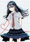  1girl arms_behind_back black_eyes black_hair black_skirt breast_pocket bright_pupils closed_mouth collared_shirt commentary cowboy_shot dress_shirt futsuu_no_keion-bu grid_background hair_between_eyes heart heart_of_string highres kameya_san long_hair mi3aki_72kaka9 mole mole_on_cheek mole_under_eye mole_under_mouth necktie pleated_skirt pocket red_necktie shirt short_sleeves skirt smile solo standing summer_uniform twitter_username untucked_shirt white_pupils white_shirt wing_collar 