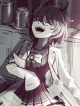  1girl agnes_tachyon_(umamusume) bow bowtie can closed_eyes coat collared_shirt erlenmeyer_flask flask hair_between_eyes highres lab_coat open_clothes open_coat open_mouth paper pleated_skirt sailor_collar school_uniform shirt skirt sleeves_past_fingers sleeves_past_wrists smile solo spill tears teeth tracen_school_uniform umamusume upper_teeth_only yogoto_(yo_go_t) 