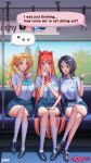  3girls absurdres animification ankle_socks aqua_eyes artist_name black_hair black_shoes blonde_hair blossom_(ppg) blue_bow blue_bowtie blue_necktie blue_skirt blue_sky blue_trim bottle bow bowtie breasts bubbles_(ppg) buttercup_(ppg) cellphone collared_shirt colored_inner_hair commentary copyright_logo crossed_legs day earrings english_text facing_viewer fingernails full_body gnxxe1 green_hair green_nails gym_shirt hair_bow hand_on_another&#039;s_knee hand_to_own_mouth hand_up hands_up highres holding holding_phone jewelry kneehighs large_breasts lipstick loafers long_fingernails long_hair looking_at_phone makeup multicolored_hair multiple_girls nail_polish name_tag necktie object_on_lap open_clothes open_shirt orange_hair orange_nails parted_lips phone pink_eyes pleated_skirt powerpuff_girls red_bow red_lips school_uniform shirt shoes short_sleeves side-by-side sitting skirt sky smartphone sneakers socks text_messaging train_interior tree very_long_hair watch water_bottle white_shirt white_socks window wristwatch yellow_eyes yellow_nails 