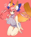  animal_ears backless_dress backless_outfit barefoot blush bow breasts dress fate/extra fate_(series) fox_ears fox_tail full_body hair_bow halterneck heart impossible_clothes impossible_sweater kettle21 kneeling large_breasts long_hair looking_at_viewer meme_attire pink_background pink_hair ribbed_sweater sidelocks simple_background smile solo sweater sweater_dress tail tamamo_(fate)_(all) tamamo_no_mae_(fate) turtleneck turtleneck_sweater twintails virgin_killer_sweater yellow_eyes 