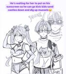  1boy 1girl ahoge alternate_costume animal_print arm_at_side bag bespectacled bikini blunt_ends bow breasts casual cat_print choker cleavage clenched_hand closed_mouth clothing_cutout contemporary emoji english_text expressionless facing_viewer fingernails fishnet_top fishnets foxtrot_(foxtrot_xx) genshin_impact glasses glint greyscale hair_bow hair_intakes hand_on_own_hip hand_up handbag highres long_hair long_sleeves looking_to_the_side midriff mona_(genshin_impact) monochrome navel sad_emoji scaramouche_(cat)_(genshin_impact) scaramouche_(genshin_impact) shirt short_eyebrows short_sleeves shoulder_cutout sideboob sketch small_breasts star_(symbol) star_print sunglasses swimsuit tsurime twintails white_background wispy_bangs zoom_layer 