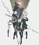  2b_(nier:automata) 2boys 3girls 9s_(nier:automata) absurdres ass backless_outfit bandaged_leg bandages black_collar black_dress black_gloves black_hairband black_shorts black_socks blindfold blue_eyes boots braid brown_eyes collar covered_eyes dress fio_(nier) flower gloves grey_background grey_hair hair_ornament hairband high_heel_boots high_heels highres kaine_(nier) kneehighs levania lingerie long_hair long_sleeves mole mole_under_mouth multiple_boys multiple_girls nier nier:automata nier_(brother) nier_(brother)_(post_timeskip) nier_(series) nier_reincarnation official_art panties promotional_art puffy_sleeves short_hair shorts sleeveless sleeveless_dress socks sword thigh_boots twintails underwear weapon white_dress white_hair 