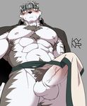  abs anthro armpit_hair armpits balls bandanna blush canine chest_tuft clothing erection erection_under_clothes horkeukamui kynr0rnyk loincloth male mammal muscular muscular_male navel nipples pecs penis pubes solo tokyo_afterschool_summoners tuft vein veiny_penis wolf yellow_eyes 