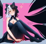  1girl absurdres alternate_costume artist_name black_dress black_hair black_nails black_thighhighs breasts cleavage cleavage_cutout closed_mouth clothing_cutout dragon_plush_(139305) dress highres hololive hololive_english knees_up lace-trimmed_thighhighs lace_trim large_breasts long_hair looking_at_viewer multicolored_hair on_ground shiori_novella smile solo split-color_hair thighhighs two-tone_hair virtual_youtuber watermark white_hair yellow_eyes 