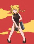 1girl alternate_costume alternate_hairstyle black_dress black_shoes blonde_hair braid breasts bun_with_braided_base china_dress chinese_clothes cleaver closed_mouth commentary_request cookie_(touhou) double_bun dress full_body hair_bun high_heels highres holding holding_cleaver kirisame_marisa looking_at_viewer medium_breasts nanariku one_eye_closed pelvic_curtain red_background red_eyes shoes short_hair simple_background sleeveless sleeveless_dress smile solo star_(symbol) suzu_(cookie) touhou twin_braids unusually_open_eyes v-shaped_eyebrows w 