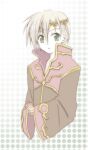  1boy blonde_hair brown_coat circlet coat commentary_request dated_commentary green_background green_eyes hair_between_eyes long_sleeves looking_at_viewer male_focus multicolored_coat open_mouth own_hands_together pink_coat polka_dot polka_dot_background priest_(ragnarok_online) ragnarok_online sharari short_hair solo two-tone_coat upper_body wide_sleeves 