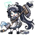  1girl :d ^_^ absurdres apron aqua_eyes aqua_halo aqua_ribbon aris_(blue_archive) aris_(maid)_(blue_archive) artist_name back_bow black_boots black_dress black_hair black_shoes black_wrist_cuffs blue_archive blush boots bow bucket chibi chinese_commentary closed_eyes commentary_request dress frilled_apron frilled_dress frills full_body halo hand_up high_ponytail highres holding holding_mop kei_(robot)_(blue_archive) long_hair long_sidelocks looking_at_viewer maid maid_apron maid_headdress mary_janes merchandise_available mop motion_lines neck_ribbon number_print objectification official_alternate_costume official_alternate_hairstyle open_mouth pantyhose parted_bangs ponytail puffy_short_sleeves puffy_sleeves rectangular_halo ribbon robotic_vacuum_cleaner sensei_(blue_archive) shoes short_sleeves sidelocks simple_background smile solo spilling standing tongue tongue_out unworn_boots very_long_hair water watermark white_apron white_background white_bow white_headdress white_pantyhose wrist_cuffs yimaxue 