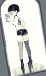  1girl ass black_boots black_hair black_shorts boots breasts cellphone chikuwa_fan973 full_body glasses grey_eyes grey_thighhighs high_heel_boots high_heels highres looking_at_viewer medium_breasts original phone round_eyewear selfie semi-rimless_eyewear sharp_teeth short_hair short_shorts shorts smartphone smile solo teeth thighhighs tongue tongue_out under-rim_eyewear upper_teeth_only 