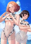  absurdres animal_print apron bikini blue_eyes braid breasts brown_hair cow_print cow_print_bikini crossed_arms crown_braid heart heart_hands highres ikhwan_maulana matsuo95 medium_breasts niijima_makoto okumura_haru one-piece_swimsuit one_eye_closed outdoors persona persona_5 print_bikini red_eyes revealing_clothes see-through_apron see-through_clothes short_hair swimsuit 