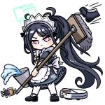  1girl :/ ^_^ apron aqua_halo aqua_ribbon aris_(blue_archive) aris_(maid)_(blue_archive) artist_name back_bow black_boots black_dress black_hair black_shoes black_wrist_cuffs blue_archive blush boots bow bucket chibi chinese_commentary closed_eyes closed_mouth commentary_request dress frilled_apron frilled_dress frills full_body halo hand_up high_ponytail highres holding holding_mop kei_(blue_archive) kei_(robot)_(blue_archive) long_hair long_sidelocks looking_at_viewer maid maid_apron maid_headdress mary_janes merchandise_available mop motion_lines neck_ribbon number_print objectification pantyhose parted_bangs pink_eyes ponytail puffy_short_sleeves puffy_sleeves rectangular_halo ribbon robotic_vacuum_cleaner sensei_(blue_archive) shoes short_sleeves sidelocks simple_background solo spilling standing tongue tongue_out unworn_boots very_long_hair water watermark white_apron white_background white_bow white_headdress white_pantyhose wrist_cuffs yimaxue 