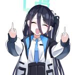  1girl absurdres aqua_halo aris_(blue_archive) black_hair black_skirt blue_archive blue_necktie closed_eyes commentary double_middle_finger facing_viewer hair_between_eyes halo head_tilt highres jacket long_bangs long_hair middle_finger mmmmrotio necktie open_clothes open_jacket rectangular_halo shirt shirt_tucked_in simple_background skirt smile solo white_background white_jacket white_shirt 