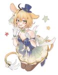  1girl :d ahoge animal_ear_fluff animal_ears back_ribbon blonde_hair blue_dress blue_hat blue_shoes blue_skirt bow bowtie breasts brown_pantyhose cleavage crossed_bangs detached_collar dooby_(vtuber) dress facial_mark fishnet_pantyhose fishnets frilled_skirt frills gloves gold_trim gradient_clothes gradient_skirt green_bow green_bowtie green_eyes green_skirt hair_bow happy_(yppah1060) hat highres indie_virtual_youtuber jerboa_tail layered_skirt light_blush looking_at_viewer medium_breasts mini_hat mini_top_hat multicolored_skirt official_alternate_costume pantyhose pinstripe_dress pinstripe_pattern ribbon shoes short_eyebrows short_hair skirt smile solo star_(symbol) star_facial_mark strapless strapless_dress tail tail_ornament tail_ribbon teeth thick_eyebrows top_hat tutu upper_teeth_only virtual_youtuber waist_ribbon white_background white_bow white_gloves white_skirt 