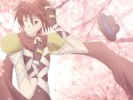  1boy adjusting_scarf assassin_(ragnarok_online) bandages_over_clothes branch brown_gloves brown_hat brown_shirt cherry_blossoms closed_mouth commentary_request expressionless fedora fingerless_gloves gloves hair_between_eyes hand_on_own_head hat hat_loss looking_at_viewer male_focus petals ragnarok_online red_eyes red_hair red_scarf scarf sharari shirt short_hair sleeveless sleeveless_shirt solo tree upper_body 