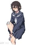  1girl black-framed_eyewear black_hair black_sailor_collar blush dated glasses hair_between_eyes highres knee_up long_sleeves looking_at_viewer momijiyama_teru neckerchief pleated_skirt sailor_collar school_uniform semi-rimless_eyewear shirt shoes short_hair shy_(series) simple_background skirt solo takatisakana white_background 