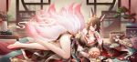 1girl absurdres animal_ears architecture bare_legs bare_shoulders barefoot breasts brown_hair brown_kimono cleavage commentary_request east_asian_architecture feet fox_ears fox_girl green_eyes hair_between_eyes hand_fan highres holding holding_fan honkai:_star_rail honkai_(series) japanese_clothes jianshu kimono large_breasts legs long_hair looking_at_viewer lying off_shoulder on_side smile solo thighs tingyun_(honkai:_star_rail) toes 