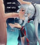  1boy 1girl black_kimono blush breasts clothed_female_nude_male cum cum_in_mouth cupping_hands earrings english_text erection fate/samurai_remnant fate_(series) fellatio green_eyes green_kimono hetero highres isabongos japanese_clothes jewelry kimono long_hair long_sleeves medium_breasts nude oral own_hands_together penis ponytail sidelocks uncensored white_hair wide_sleeves yui_shousetsu_(fate) 