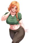  1girl abs absurdres alex_(minecraft) braid braided_ponytail brown_pants collarbone colored_eyelashes commentary cowboy_shot cropped_legs english_commentary green_eyes hair_intakes hair_over_shoulder highres karma3009 large_pectorals long_hair looking_at_viewer minecraft muscular muscular_female navel orange_hair pants pectorals shirt simple_background smile solo standing t-shirt teeth white_background 