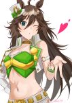  1girl absurdres ahoge animal_ears arm_strap blowing_kiss breasts brown_hair buttons cropped_jacket cropped_shirt green_shirt hat heart highres horse_ears horse_girl jacket long_hair looking_at_viewer midriff mini_hat mini_top_hat mr._c.b._(umamusume) navel norimi_(01norimi28) one_eye_closed open_clothes open_jacket shirt simple_background single_sleeve small_breasts solo top_hat umamusume upper_body white_hat white_jacket 