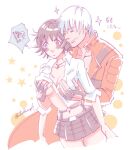  !? 1boy 1girl allie_(united_f) artist_name black_gloves black_hair blush breasts closed_eyes coat dante_(devil_may_cry) devil_may_cry_(series) devil_may_cry_3 fingerless_gloves gloves green_eyes groping heterochromia jewelry lady_(devil_may_cry) necklace red_coat red_eyes shirt simple_background skirt smile star_(symbol) white_background white_hair white_shirt 