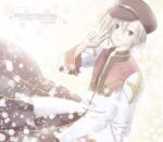  1boy asymmetrical_bangs blonde_hair brown_coat brown_hat closed_mouth coat commentary_request cowboy_shot dated gold_trim green_eyes hair_between_eyes hat high_priest_(ragnarok_online) long_sleeves looking_at_viewer male_focus multicolored_coat newsboy_cap ragnarok_online red_coat sharari short_hair smile solo two-tone_coat v white_coat 