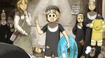  6+girls :d apron bird blonde_hair blue_eyes blue_innertube brown_hair cat chicken clumsy_nun_(diva) diva_(hyxpk) duck english_commentary froggy_nun_(diva) glasses_nun_(diva) grey_apron hedgehog hedgehog_on_head highres innertube little_nuns_(diva) mole mole_on_cheek motion_blur multiple_girls note nun old-fashioned_swimsuit round_eyewear shirt smile spicy_nun_(diva) strict_nun&#039;s_mother_(diva) strict_nun_(diva) swim_cap swim_ring traditional_nun triangle_mouth unworn_eyewear v white_shirt yellow_swimsuit 