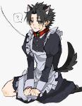  1boy alternate_costume apron black_dress black_hair blue_eyes closed_mouth collar crossdressing crossdressing_(mtf) dress earrings final_fantasy final_fantasy_vii highres jewelry kemonomimi_mode leash long_sleeves maid male_focus male_maid mtr_dayoo on_floor short_hair single_earring sitting spiked_hair sweatdrop tail zack_fair 