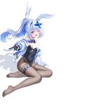  1girl ;d absurdres alternate_costume amane_kanata animal_ear_hairband animal_ears black_bow black_bowtie black_gloves black_leotard black_pantyhose blue_hair blue_nails bow bowtie breasts cleavage colored_inner_hair commentary_request covered_navel detached_collar fake_animal_ears frilled_leotard frills full_body gloves grey_hair gyaru_v hairband halo highleg highleg_leotard highres hololive jacket leotard long_hair looking_at_viewer misoile multicolored_hair nail_polish no_shoes off_shoulder one_eye_closed open_clothes open_jacket outstretched_arm pantyhose partially_fingerless_gloves pink_hair playboy_bunny ponytail purple_eyes rabbit_ear_hairband rabbit_ears single_hair_intake sitting small_breasts smile solo star_halo strapless strapless_leotard streaked_hair thigh_strap thighband_pantyhose v virtual_youtuber white_background white_jacket 