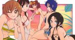  5girls :d :p absurdres amagi_yukiko bikini bikini_shorts black_bikini black_eyes black_hair blue_eyes blue_one-piece_swimsuit bow bow_bikini breasts brown_eyes brown_hair cleavage commentary cross-laced_bikini cross-laced_clothes cup cupping_glass drinking_straw hair_between_eyes highres holding holding_cup jeff_miga kujikawa_rise large_breasts looking_at_viewer marie_(persona_4) multiple_girls one-piece_swimsuit one_eye_closed outline persona persona_4 satonaka_chie shirogane_naoto short_hair shorts smile striped_bikini striped_clothes sunset swimsuit tongue tongue_out twintails v white_bikini yellow_bikini 