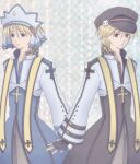  2boys arch_bishop_(ragnarok_online) black_coat black_gloves black_hat blonde_hair blue_coat blue_eyes closed_mouth coat commentary_request cowboy_shot cropped_jacket cross cross_necklace dated_commentary fingerless_gloves gloves green_background hat hat_ornament headdress jacket jewelry long_sleeves looking_at_viewer male_focus multiple_boys necklace newsboy_cap ragnarok_online red_eyes sharari short_hair skull_hat_ornament smile white_jacket 