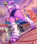 absurd_res alternative_fashion anthro big_breasts black_lips boardwalk bottomwear breasts building canid canine canis carbonfloof city claws clothed clothed_anthro clothed_female clothing daisy_dukes denim denim_bottomwear denim_clothing denim_shorts detailed_background female five_nights_at_freddy&#039;s five_nights_at_freddy&#039;s:_security_breach footwear fur green_hair gyaru hair hi_res hotpants j-fashion lips low-angle_view mammal midriff outside purple_body purple_fur roxanne_wolf scottgames sharp_teeth shirt shorts sky socks solo steel_wool_studios street_lamp sunset teeth thick_thighs thong_straps tied_shirt toe_claws toeless_footwear toeless_socks topwear walking white_hair wolf