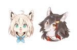  :3 absurdres ahoge animal animal_ear_fluff animal_ear_piercing animal_focus animalization black_hair blue_neckerchief braid closed_mouth clothed_animal cropped_shoulders fox green_eyes hair_ornament highres hololive long_hair looking_at_viewer multicolored_hair neckerchief no_humans ookami_mio ookami_mio_(1st_costume) open_mouth sailor_collar shirakami_fubuki shirakami_fubuki_(1st_costume) simple_background single_braid smile streaked_hair string string_of_fate sukemyon two-tone_hair virtual_youtuber white_background white_hair white_sailor_collar wolf 