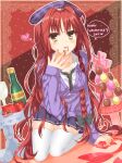  1girl :p antenna_hair arm_at_side beret black_bow black_necktie black_skirt blush bottle bow braid cardigan casual chocolate chocolate_on_face chocolate_on_hand closed_mouth collared_shirt commentary_request dracu-riot! food food_on_face food_on_hand full_body fuyukichi_(nikoniko1567) hair_between_eyes hair_bow hair_intakes hand_up happy_valentine hat heart highres holding holding_ribbon kneeling long_hair looking_at_viewer macaron miniskirt necktie official_alternate_costume outline outstretched_hand plaid_hat pleated_skirt purple_cardigan purple_hat red_background red_hair red_ribbon ribbon shirt simple_background single_braid skirt sleeves_past_wrists smile solo speech_bubble sweets table thigh_gap thighhighs tongue tongue_out valentine very_long_hair wavy_hair white_outline white_shirt white_thighhighs wine_bottle yarai_miu yellow_eyes zettai_ryouiki 