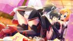  2girls accident angel_mort artist_request ass ass_focus asuka_(senran_kagura) between_breasts black_collar black_hair black_leotard black_thighhighs blue_eyes booth_seating breasts cake cake_slice collar crossover detached_collar face_between_breasts food food_on_body food_on_breasts food_on_face food_on_head fruit game_cg glass hair_ribbon head_between_breasts highres higurashi_no_naku_koro_ni higurashi_no_naku_koro_ni_mei ice icing indoors large_breasts leotard long_sleeves looking_at_another medium_hair multiple_girls non-web_source object_on_head official_art on_floor open_mouth orange_hair ponytail ribbon ryuuguu_rena senran_kagura sparkle spill strawberry strawberry_cake sweatdrop thighhighs white_ribbon 