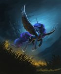  blue_feathers blue_fur cosmic_hair cutie_mark equine eyes_closed feathered_wings feathers female feral friendship_is_magic fur hooves horn mammal my_little_pony night outside princess_luna_(mlp) shamanguli sky smile solo winged_unicorn wings 
