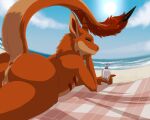 animal_genitalia anthro anus beach beach_towel butt casual_nudity fur genital_slit genitals green_eyes hi_res lawkie looking_at_viewer looking_back male markings orange_body orange_fur presenting presenting_hindquarters raised_tail red_markings sea side_eye solo spiked_tail spikes spikes_(anatomy) sunscreen tail tan_body tan_fur towel varik_(horugashep) water zorgoia