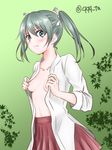  blush breasts collarbone frown green_background green_eyes green_hair hair_ribbon highres japanese_clothes kantai_collection leaf midriff open_clothes perky_breasts pleated_skirt ribbon skirt small_breasts solo twintails twitter_username umino_haruka_(harukaumino6) zuikaku_(kantai_collection) 