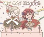 &gt;_&lt; 1boy 1girl :d blonde_hair boobplate bow brown_coat brown_pants brown_skirt cape chibi chibi_only closed_eyes closed_mouth coat commentary_request confetti english_text full_body hair_bow high_priest_(ragnarok_online) jumping long_sleeves lord_knight_(ragnarok_online) miniskirt multicolored_coat open_mouth pants pleated_skirt purple_bow ragnarok_online red_cape red_coat red_hair sharari short_hair skirt smile two-tone_coat white_coat 
