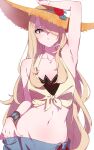  1girl absurdres arm_up armpits bare_shoulders blonde_hair blue_sarong breasts collarbone commentary crop_top cynthia_(pokemon) cynthia_(summer_2025)_(pokemon) flower hair_over_one_eye hat hat_flower highres long_hair looking_at_viewer marie_(pixiv59672544) navel official_alternate_costume one_eye_covered pokemon pokemon_masters_ex sarong shirt signature simple_background solo straw_hat sun_hat tied_shirt upper_body very_long_hair white_background yellow_eyes 