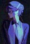  1girl aa_kabeuchi abstract_background beret black_background closed_mouth collared_shirt copyright_name expressionless hat headphones highres looking_to_the_side necktie profile purple_eyes purple_hair purple_hat purple_necktie purple_sleeves shirt short_hair sidelighting solo upper_body utane_uta utau white_shirt 