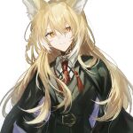  1girl animal_ears arknights belt belt_buckle black_belt black_coat black_jacket blonde_hair buckle closed_mouth coat coat_on_shoulders collared_shirt commentary_request fumi_(rdbm) hand_on_own_hip highres jacket long_hair long_sleeves looking_at_viewer multicolored_hair necktie orange_necktie partial_commentary scar scar_on_cheek scar_on_face shirt simple_background smile solo streaked_hair tassel vulpisfoglia_(arknights) white_background white_hair white_shirt yellow_eyes 