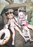 2girls :&lt; azusa_(blue_archive) azusa_(swimsuit)_(blue_archive) bare_shoulders bikini bikini_skirt black_sandals blonde_hair blue_archive blush bow closed_eyes closed_mouth crossed_bangs eyewear_on_head feathered_wings flower frilled_bikini frills hair_between_eyes hair_bow hair_flower hair_ornament halo hifumi_(blue_archive) hifumi_(swimsuit)_(blue_archive) highres holding holding_swim_ring kokukyukeo long_hair low_twintails multiple_girls navel official_alternate_costume official_alternate_hairstyle open_mouth peroro_(blue_archive) pink_bikini pink_bow polka_dot polka_dot_bow purple_eyes purple_flower sandals sidelocks stomach sunglasses swim_ring swimsuit twintails white_bikini white_hair white_sandals wings yellow_bow yellow_halo 